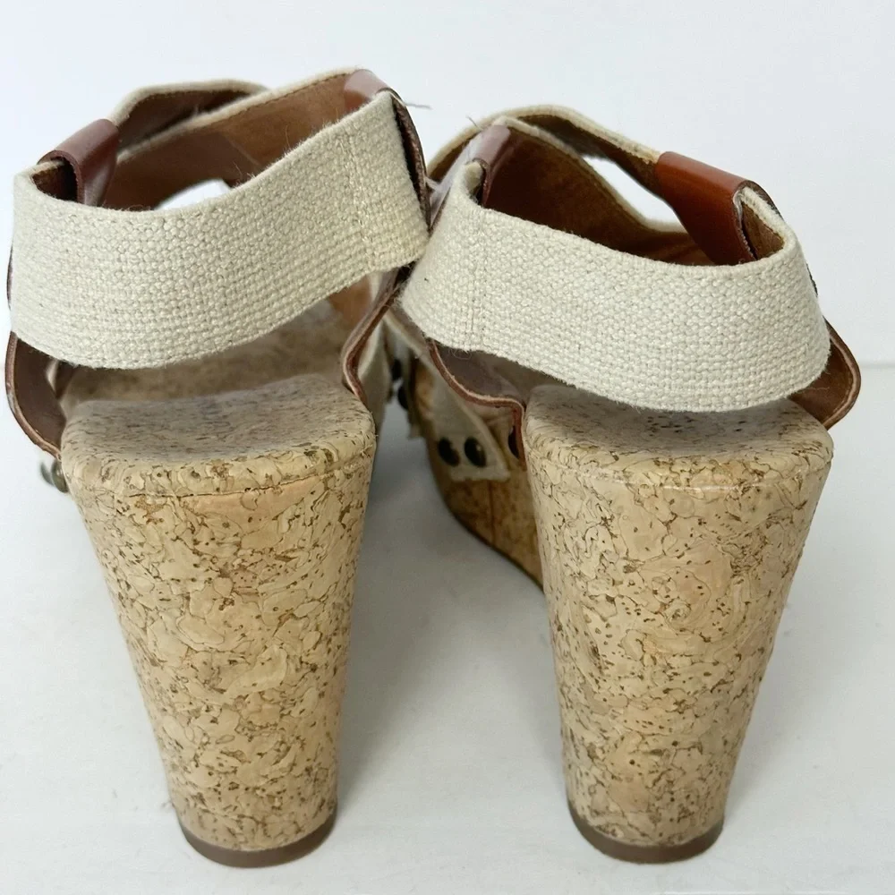 Lucky Brand Marla Cork Wedge Sandals Beige Tan Shoes Elastic Back Size 9 Boho